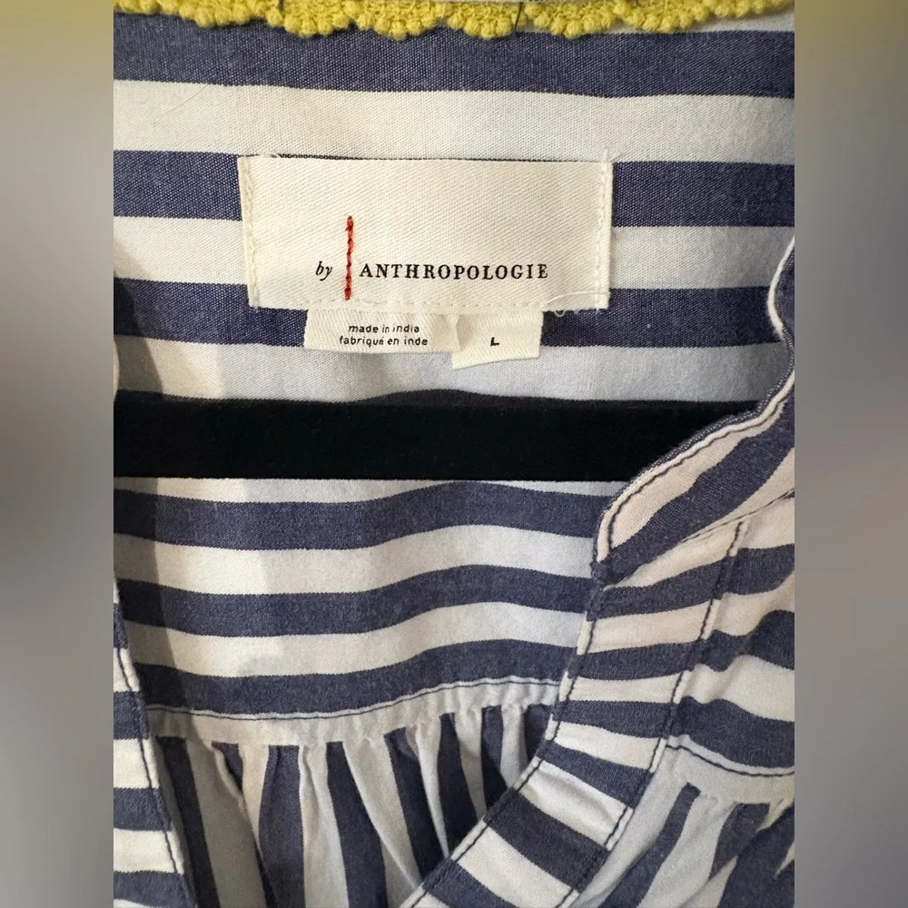 Anthropologie Blue & White Vertical Stripe V-Neck Puff Sleeve Blouse